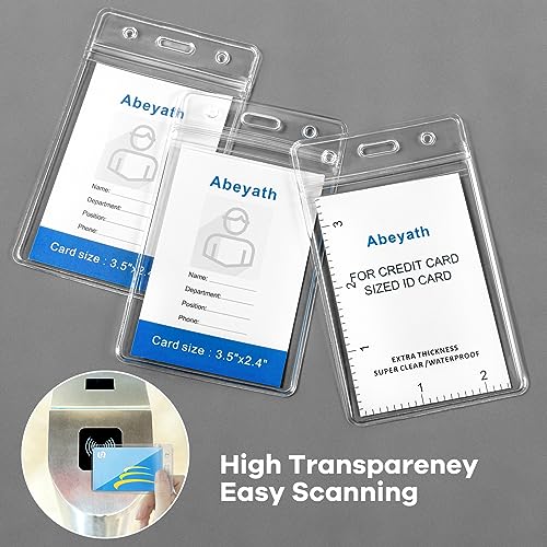 Abeyath 10 Pack Extra Thick Waterproof ID Card Badge Holders - Clear PVC Vertical Sleeves, Resealable, Heavy Duty