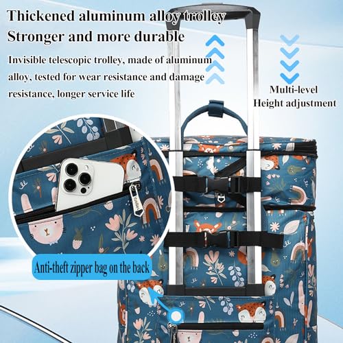 2 in 1 Shopping Cart with Wheels, Portable Utility Dolly, Luggage Cart, Foldable Hand Truck with Built-in Removable Waterproof Bag for Shopping, Camping, Travel (Animal World)