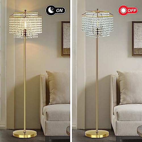 Luvkczc Gold Crystal Floor Lamp, 64" Tall Elegant Standing Lamp with On-Off Foot Switch, Double-Layer Lampshade, Standing Floor Lamps for Living Room, Bedroom, Office, 8W LED Bulb Included