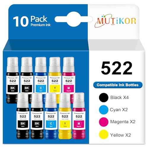 T522 522 Ink Bottles Combo Pack, Compatible 522 Ink Bottle Replacement for t522 Ink Refill Bottles for ET-2720 ET-4700 ET-2803 ET-2800 ET-4800 ET-2400 ET-2840 ET-4810 Printers (10-Pack)