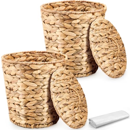 Ctosree 2 Pcs Wicker Trash Can Basket Woven Waste Basket with Lid Bathroom Wastebasket Garbage Bin with 100 Pieces of Trash Bags for Bedroom Farmhouse Home Office Kitchen(Medium)