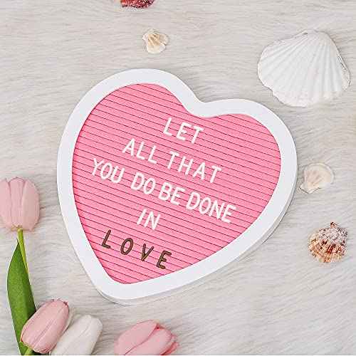 Heart-Shaped Felt Letter Board Message Sign,10x10 inches Message Board with 465 Changeable White&Golden Letters,Numbers,Cursive Words and Stand for Party,Pregnancy,Wall&Tabletop Decor (Pink)