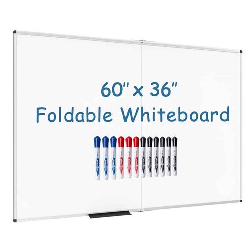 VIZ-PRO Large Dry Erase White Board/Magnetic Foldable Whiteboard, 60 X 36 Inches, Silver Aluminium Frame, with 12-Count Markers