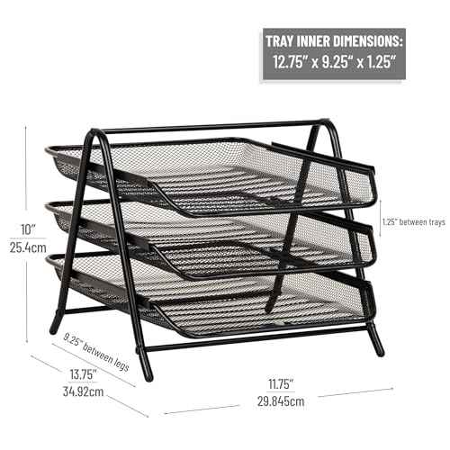 Mind Reader 3-Tier Paper Tray, Desktop Organizer, File Storage, Workspace, Office, Metal Mesh, 11.75"L x 13.75"W x 10"H, Black