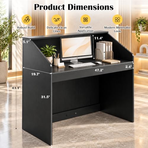 Luxitero 47in Reception Desk with Counter – Modern Black Front Desk