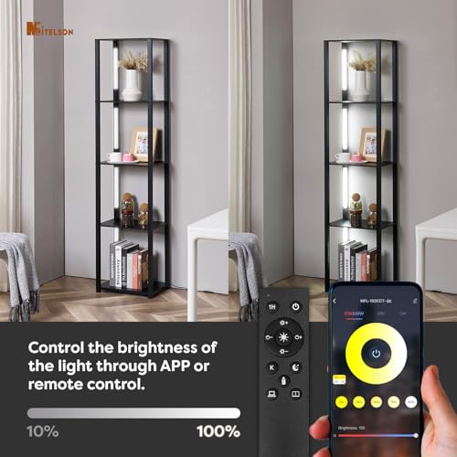 LED Floor Lamp with Shelves, Shelf Lamp with Remote for Bedroom and Living Room, Corner Display Floor Lamps with Storage, Modern Dimmable Floor Lamp with 5-Tier Open Shelve (Black)