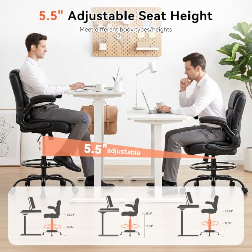 JMYMRY PU Leather Drafting Chair with Foot Ring, Black/Modern, Height Adjustable 360° Swivel, Flip-Up Armrests, Counter/Standing Desk
