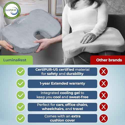 LuminaRest¢ç Comfortable Gel Seat Cushion for Long Sitting ? CertiPUR-US¢ç Certified Memory Foam ? Premium Gel Tailbone Pain Relief Cushion, Adaptable for Office, Car, Airplane & Wheelchair ? (Gray)