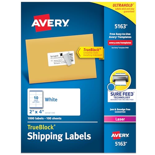 Avery 5163 Printable Shipping Labels 2x4 Custom Stickers - 1,000 White Blank Labels, Sure Feed Technology, TrueBlock for Mailing & Packaging - Variation 1,000 labels / 2" x 4"
