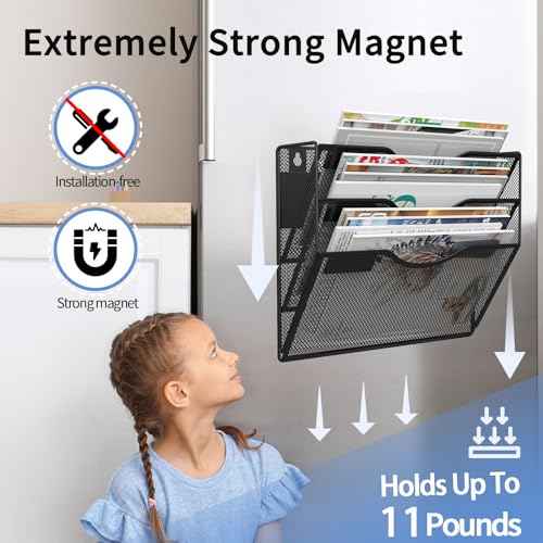 3-Tier Magnetic File Holder, No Drilling Installation File Cabinet Organizer, Black Magnetic File Organizer, Magazine Rack, Magnetic Paper Holder for Refrigerator, File Cabinets, Whiteboard