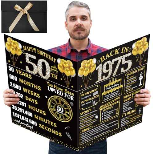 Large 50th Birthday Card With Envelope, Black Gold Happy 50th Birthday Giant Guest Book Gifts for Men Women, Giant Fifty Bday Card Gifts Party Supplies, The Year 1975 Jumbo 50 Bday Card