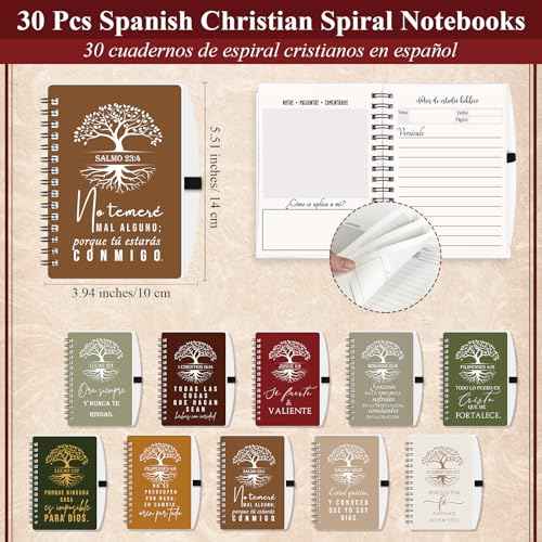 Kosiz 60 Pcs Spanish Christian Spiral Notebooks with Ballpoint Pens Tree Life Bible Verse A6 Journal Religious Inspirational Gift Grandparent Day Gift Set Church Pastor(Special Style,Retro Color)