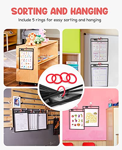 GAMENOTE 30 Pack Dry Erase Pockets 10x14in, Black – Reusable Writing Sleeves with Ring Binders