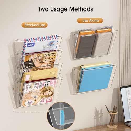 MaxGear Acrylic Wall File Organizer 6 Pockets Hanging Paper Holder Clear Wall Bins for School, Office and Home, 13x4x7 inches