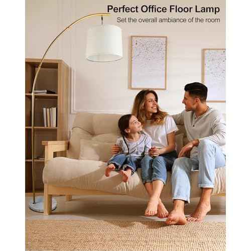Lightdot Arc Floor Lamps for Living Room, Modern Standing Lamp with Hanging Drum Shade, Tall Standing Floor Lamp with Foot Switch, Over Couch Arched Reading Light for Bedroom, Office (Gold)