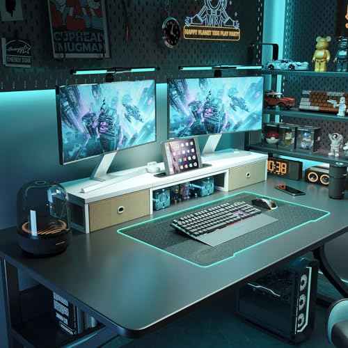 Dual Monitor Stand Riser with 2 Drawers - 39Inch Large Storage Computer Monitor Stands for 2 Monitors, Wooden Desktop Organizer Perfect for Home Office Desk, Computer, Laptop, TV, White
