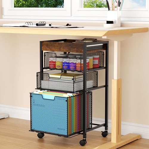 Rolling File Cart with Drawers - 4-Tier Espresso Under-Desk Mobile Office Organizer