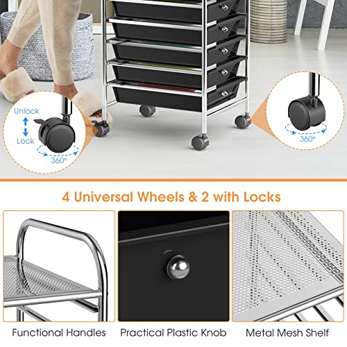 OfficeJOY Black 10-Drawer Rolling Storage Cart with Lockable Wheels & Handles