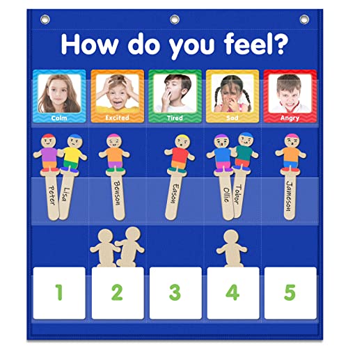 Feelings Pocket Chart for Classroom, Emotions Chart with 36 Cards, Social Emotional Learning & Regulation for Kids, Autism Learning Materials, Homeschool Calm Down Corner Supplies (Blue)