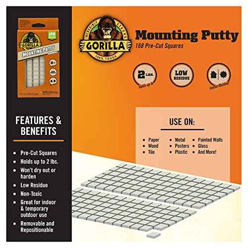 Gorilla Mounting Putty, Natural Tan Color, 168 Pre-Cut Squares (Pack of 1) - Non-Toxic Removable & Repositionable Wall Putty
