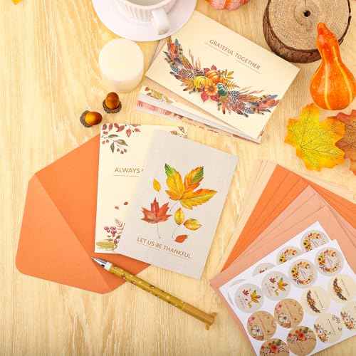 24 Pack Thanksgiving Cards with Envelopes, 4 x 6 in Bulk Thanksgiving Cards with Stickers, 6 Designs Thanks & Blessings Greeting Card Boxed for Fall Autumn Holiday Happy Harvest Party