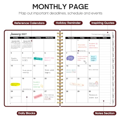 2027 Monthly & Weekly Planner Calendar Book - Jan to Dec with Tabs & Pocket