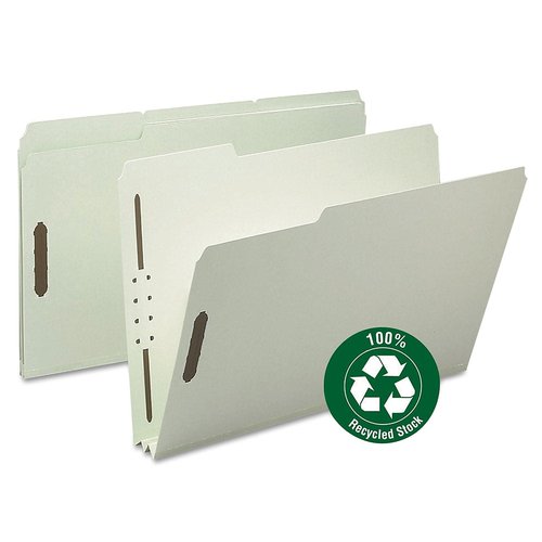Smead 100% Recycled Pressboard Fastener File Folder, 2 Fasteners, 1/3-Cut Tab, 2" Expansion, Legal Size, Gray/Green, 25 per Box (20004)