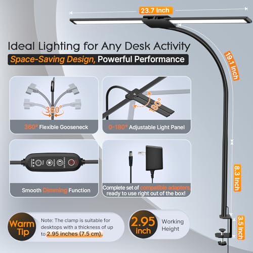 Syrinx LED Desk Lamp for Home Office ? Eye-Caring Dual Head Desk Light with Flexible Gooseneck, Clamp, Gesture/Wired Control, 50 Lighting Modes with Memory/Timer for Study, Crafting