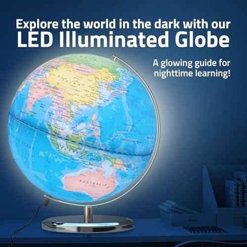 LED Illuminated World Globe with Chrome Rotating Stand ? 3-in-1 Educational Tool for Kids & Adults, Interactive Learning Globe with Constellation Map, Lighted Display, 14 Inch