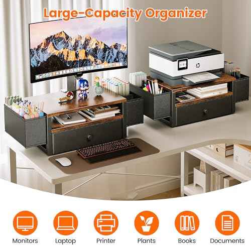 Desk Organizers and Accessories, 3-Tier Computer Monitor Stand Riser with Fabric Drawer & 6 Pen Holder, Office Desk Accessories Workspace Desktop Organizer for Office Supplies, Rustic Brown