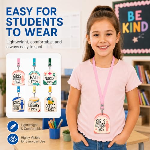 Macaron Colors 6-Pack Wooden School Hall Pass Lanyards with Passes - Pastel Classroom ID Set