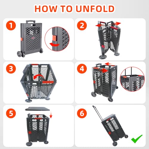 JJRING Mesh Rolling Utility Cart, Foldable Shopping Cart, Heavy Duty Utility Cart with Rolling Wheels for Groceries and Laundry
