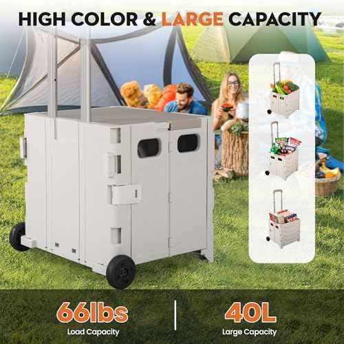 Collapsible Rolling Carts with 2 Wheels, Shopping Cart for Grocery, Office, and Classroom Use, Foldable Design with Durable Wheels, Supports up to 66 lbs, Grey
