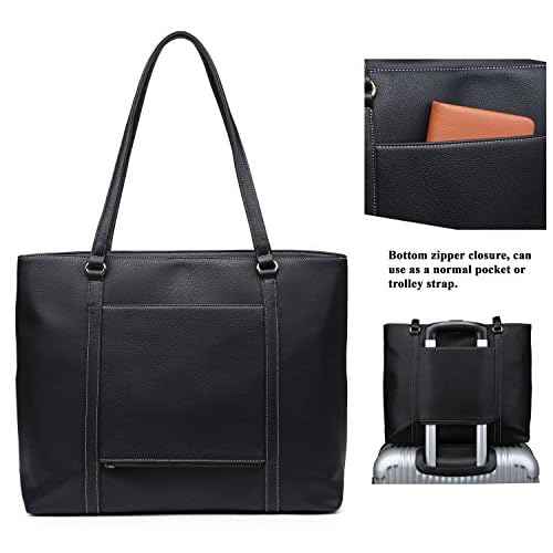 Classic Laptop Leather Tote Bag for 15 15.6 inch Notebook Computers Travel Carrying Bag with Smart Trolley Strap Design - Black