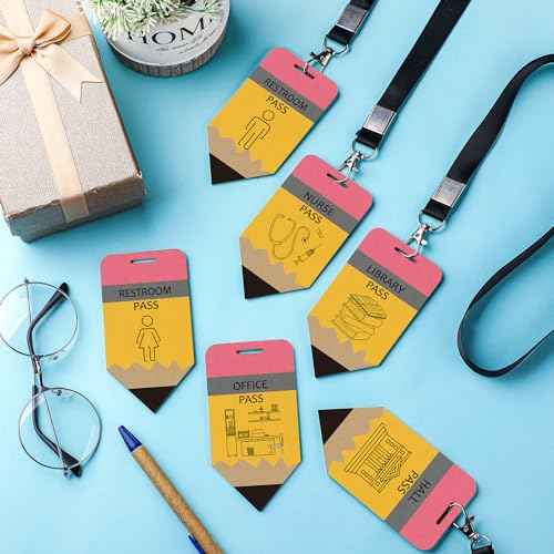 Sabary 6 Sets Hall Pass Lanyards and School Passes Set for Classrooms Wooden Bathroom Classroom Must Haves for Restroom, Library, Office and Nurse School Teacher Supplies Gift(Classic,Pencil)