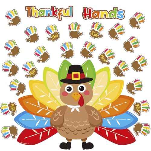 OUNENO Thanksgiving Thankful Hands Turkey Bulletin Board Decoration Big Turkey Handprint Cutouts for Thanksgiving Kindergarten Preschool School Classroom Wall Door (Thanksgiving)