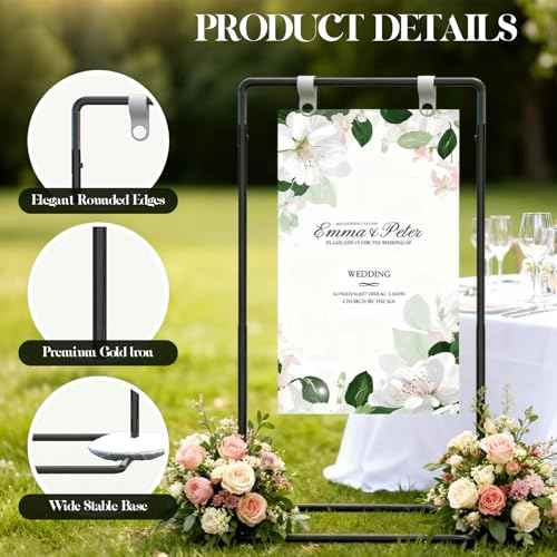 Wedding Welcome Sign Stand, Adjustable Welcome To Our Wedding Sign Stand, 70¡±x 31¡±x 20¡±Welcome Sign Holder with 4 Leather Sign Hanging Straps, Wedding Seating Chart Stand, Easel for Display, Black