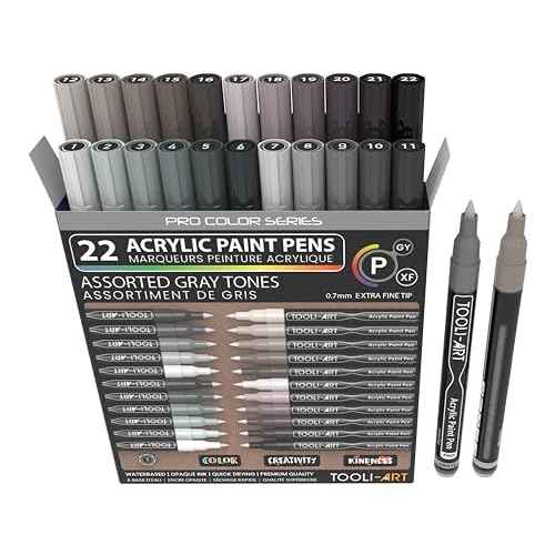 Acrylic Paint Pens 22 Gray Tones Assorted Pro Color Series Markers Set 0.7mm Extra Fine Tip for Rock Painting, Glass, Mugs, Wood, Metal, Canvas, Projects, Non Toxic, Waterbased, Quick Drying