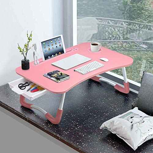 Slendor Lap Desk with Tablet Slot, Foldable Laptop Table with Storage Drawer for Bed£¬Portable Bed Desk for Laptop, Computer Tray with Cup Holder Notebook Stand Reading Holder for Couch Floor, Pink