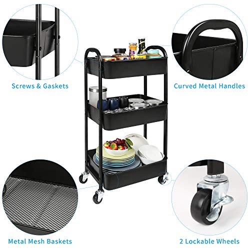 MAX Houser Black 3-Tier Rolling Utility Cart with Lockable Casters – Easy Assembly