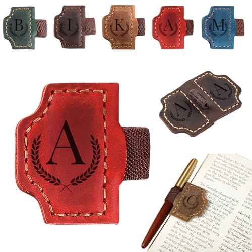 Custom Bygone Mark Bookmark with Pen Holder, 26 Letters Name Initial Personalized Leather Book Mark, Gifts for Book Lovers, Readers, Leather Book Marks for Men Women (Red, A)