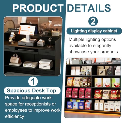 SDMY Black Reception Desk with LED Lighting, 47.7 inch Front Desk Counter for Retail & Office