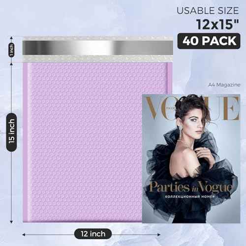 Metronic Large Bubble Mailers 12x15 Inch 40 Pack Waterproof Padded Envelopes Lavender Bubble Envelopes Opaque Cushioning Mailer for Shipping Clothes, Books,Jewelry Makeup Supplies