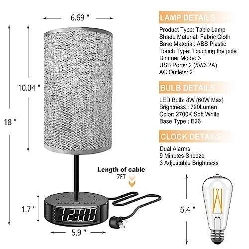 Touch Control Nightstand Light Bedside Table Lamp with USB C Charging Ports Alarm Clock 3 Way Dimmable Lamp for Bedroom Living Room Home£¨Gray£© Thanksgiving and Christmas Gifts