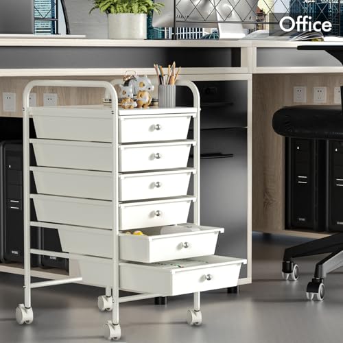 6-Drawer Rolling Storage Cart, Plastic Drawer Storage Organizer Rolling Cart, Multipurpos Utility Cart for Classroom Art Craft Supplies Dresser Closet Bathroom Bedroom Kitchen Office School