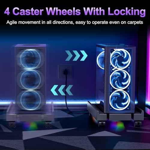 Adjustable Computer Tower Stand with Cooler Fan and Light, PC Stand for Floor, Mobile CPU Holder with 4 Caster Wheels Fits Most PC Tower, Under Desk CPU Holder for Office,Gamers and Students