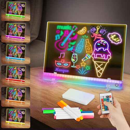 Cordless Rechargeable LED Note Board with Colors, 4 Modes & 7 Colors Light Up Acrylic Dry Erase Message Board, Led Drawing Board with Stand, 7 Markers,Cloth for Christmas, Birthday (13.8 X10 inchs)