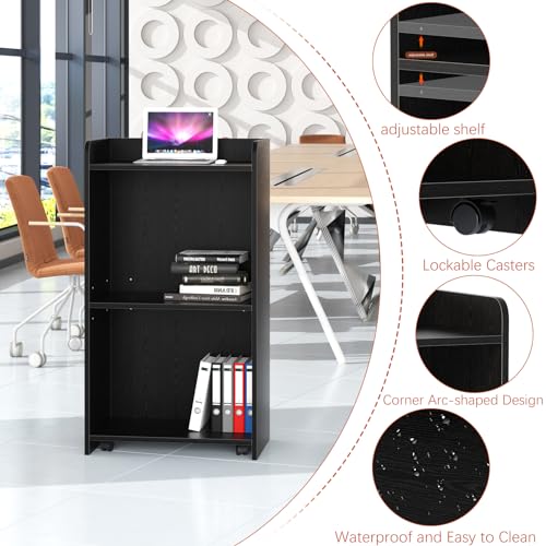 aboxoo Portable Podium Stand with Wheels (Black) – 41.3" High, 22.5" x 14.5" Desktop, Adjustable Shelf, Locking Casters