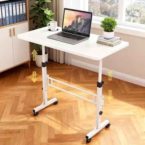 Portable Standing Desk, Adjustable Height 27.5"-43.3", Small Rolling Desk with Lockable Wheels, Foldable Computer Desk for Home Office, Space-Saving Laptop Table, White