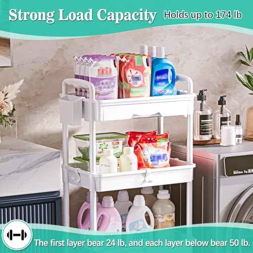 4 Tier Rolling Utility Cart with Drawer, Storage Organizer Cart with 2 Lockable Wheels, Multifunctional Rolling Storage Cart for Bathroom, Kitchen, Craft, Makeup, Baby Essentials, White